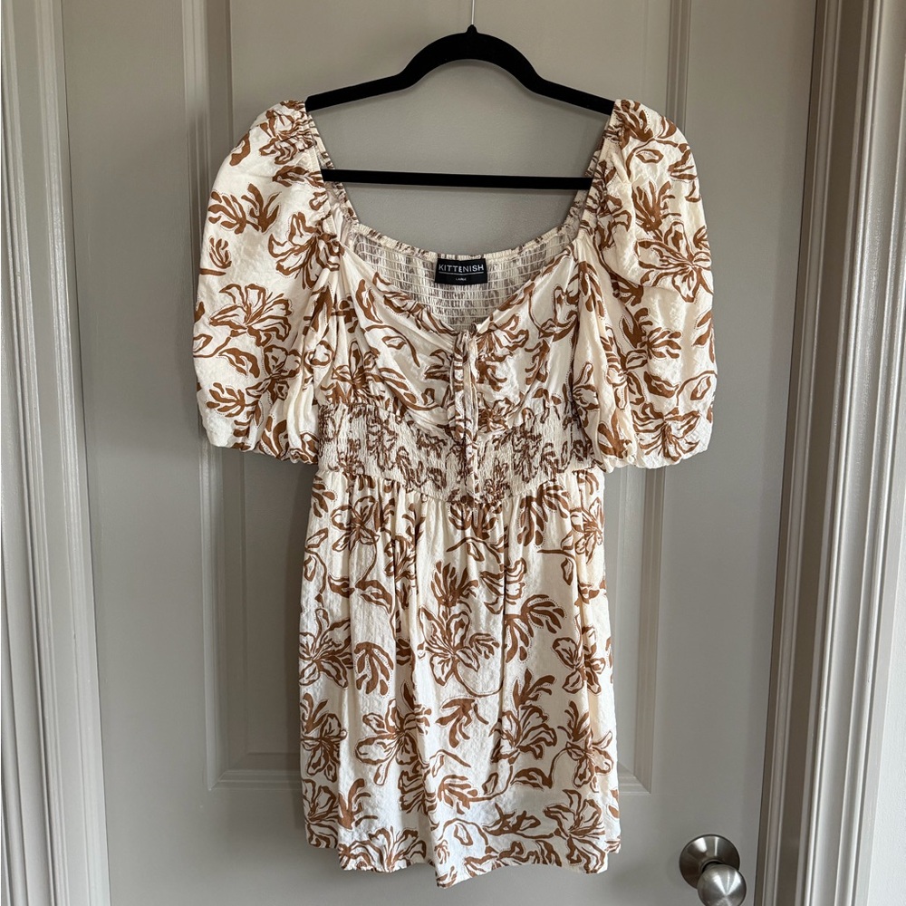 Kittenish Cream and Brown Floral Mini Dress